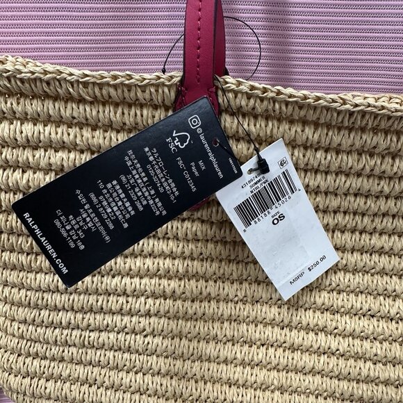 Lauren Ralph Lauren Natural Sport Pink Brie Leather Trim Straw Totebag Handbag - Picture 6 of 6